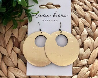 Gold Cork Leather Hoop Earrings: Lightweight Dangle Earrings
