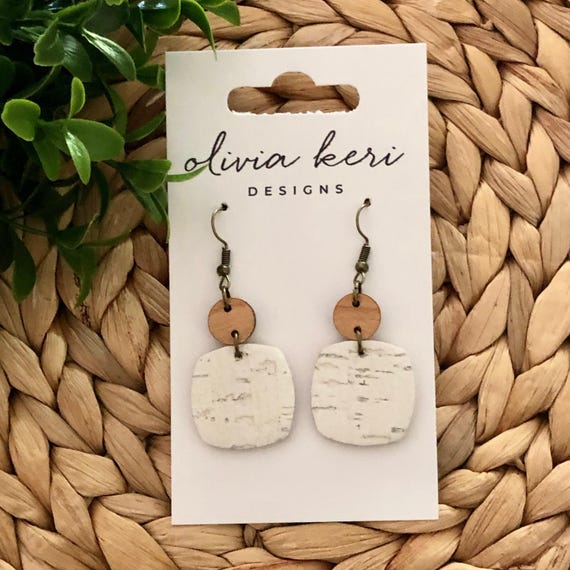 Ivory Cork Leather Earrings, Lightweight Neutral Dangles, Wood Accent, Handmade Minimalist Jewelry for Her