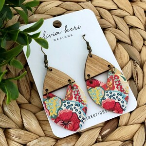 Floral Cork Leather Earrings: Wood Accent Dangles