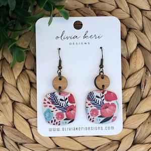 Floral Cork Leather Dangle Earrings: Cherry Wood Accent