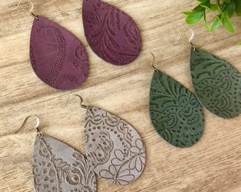 Embossed earrings, vegan leather earrings, lightweight earrings, dangle earrings, faux leather earrings, teardrop earrings