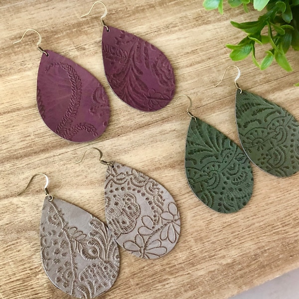 Embossed earrings, vegan leather earrings, lightweight earrings, dangle earrings, faux leather earrings, teardrop earrings