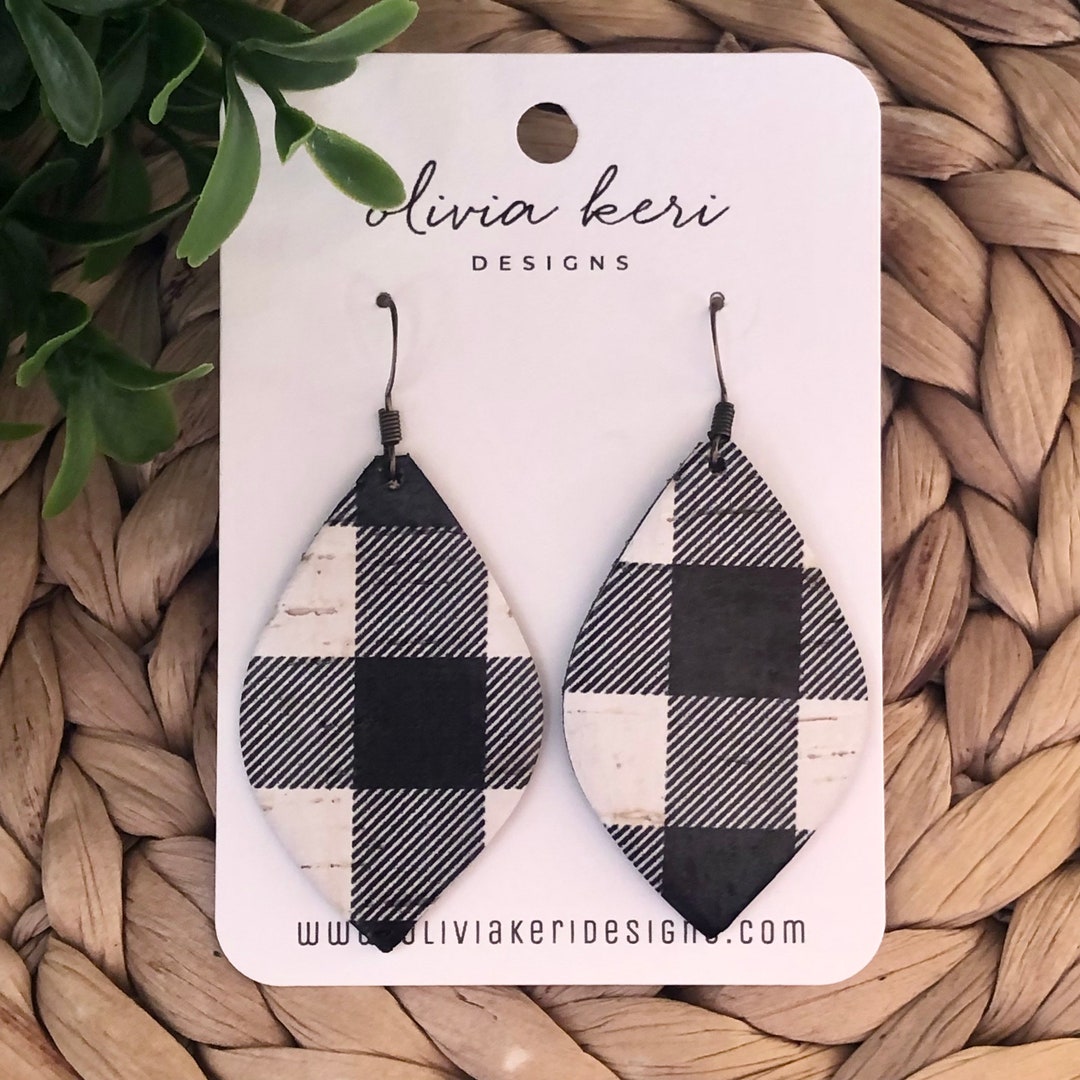 Buffalo Plaid Earrings Leather Earrings Holiday Earrings Black and White Earring Cork Earrings Teardrop Earrings Dangles Etsy
