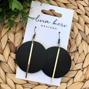 Black Leather Earrings: Boho Dangles with Gold Bar