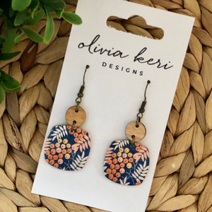 Cork and Cherry Wood Dangle Earrings: Lightweight Leather Earrings