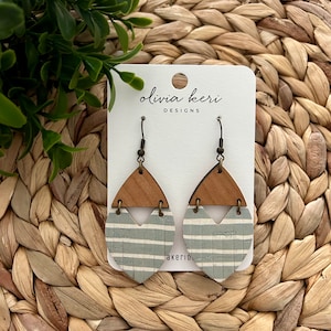 Striped Cork Leather Earrings: Wood Accent Dangles