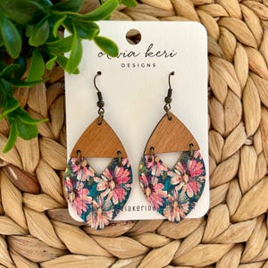 Floral Cork Leather Earrings: Wood Accent Dangles