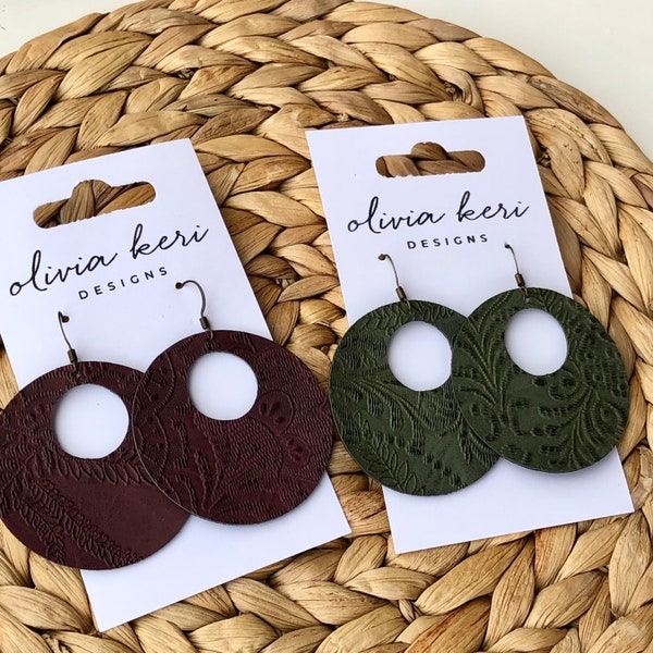 Vegan leather earrings, faux leather earrings, lightweight earrings, dangle earrings, embossed jewelry, hoops