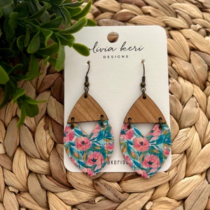 Leather earrings, boutique earrings, floral earrings, spring earrings, cork earrings, wood earrings, lightweight earring, dangles, girl gift