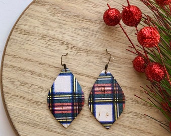 Holiday earrings, plaid earrings, leather earrings, lightweight earring, teardrop earrings, genuine leather, dangles, girl gift