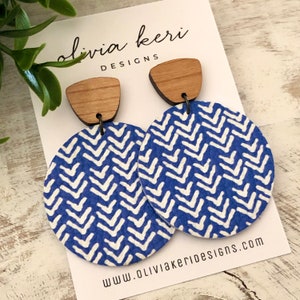 Leather earrings, blue earrings, wood earrings, lightweight earring, round earrings, boho earrings, dangles, girl gift, gift for mom