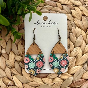 Floral Cork Leather Earrings: Wood Accent Dangles