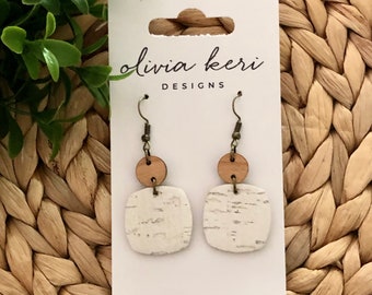 Ivory earrings, wood earrings, lightweight earring, leather earrings, leather and wood earrings, dangles, square earrings