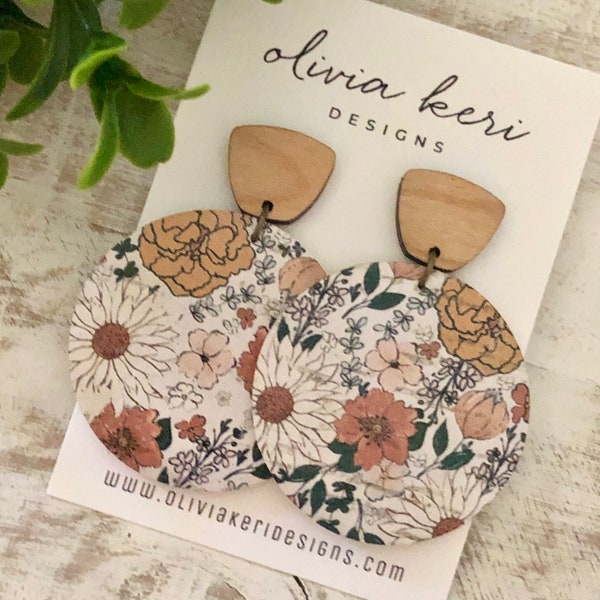 Leather earrings, floral earrings, wood earrings, fall earrings, lightweight earring, round earrings, boho earrings, dangles, girl gift