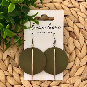 Olive Leather Earrings: Boho Dangle Earrings with Gold Bar