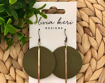 Leather earrings, olive earrings, lightweight earring, round earrings, boho earrings, dangles, girl gift, boutique earrings