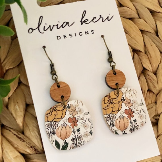 Floral Leather Earrings: Lightweight Cherry Wood Dangles