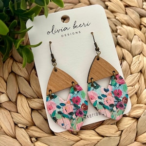 Floral Cork Leather Earrings: Wood Accent Dangles