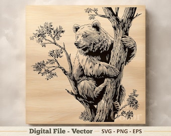 Ilustración vectorial de oso SVG – Arte lineal de árbol grizzly PNG EPS - Imágenes prediseñadas para grabado láser – Descarga digital