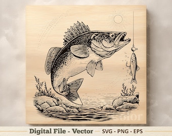 Ilustración vectorial de lucioperca SVG – Dibujo lineal de pez PNG - Imágenes prediseñadas de grabado de pesca – Descarga digital