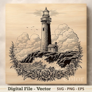 May include: Black and white illustration of a lighthouse on a rocky coast, surrounded by clouds and floral elements. The lighthouse is tall and cylindrical, with a light at the top. The image is a digital file.