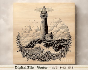 Ilustración vectorial de faro en formato SVG – Arte lineal floral náutico en formato PNG - Imágenes prediseñadas para grabado láser – Descarga digital