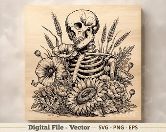 Floral Skeleton Vector Illustration SVG – Flowers Line Art PNG - Laser Engraving Clipart – Digital Download