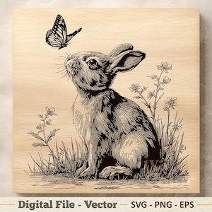 May include: A square wooden plaque featuring a black ink illustration of a rabbit sitting in grass with wildflowers and a butterfly hovering above. The text at the bottom reads Digital File - Vector SVG - PNG - EPS in a dark gray sans-serif font.