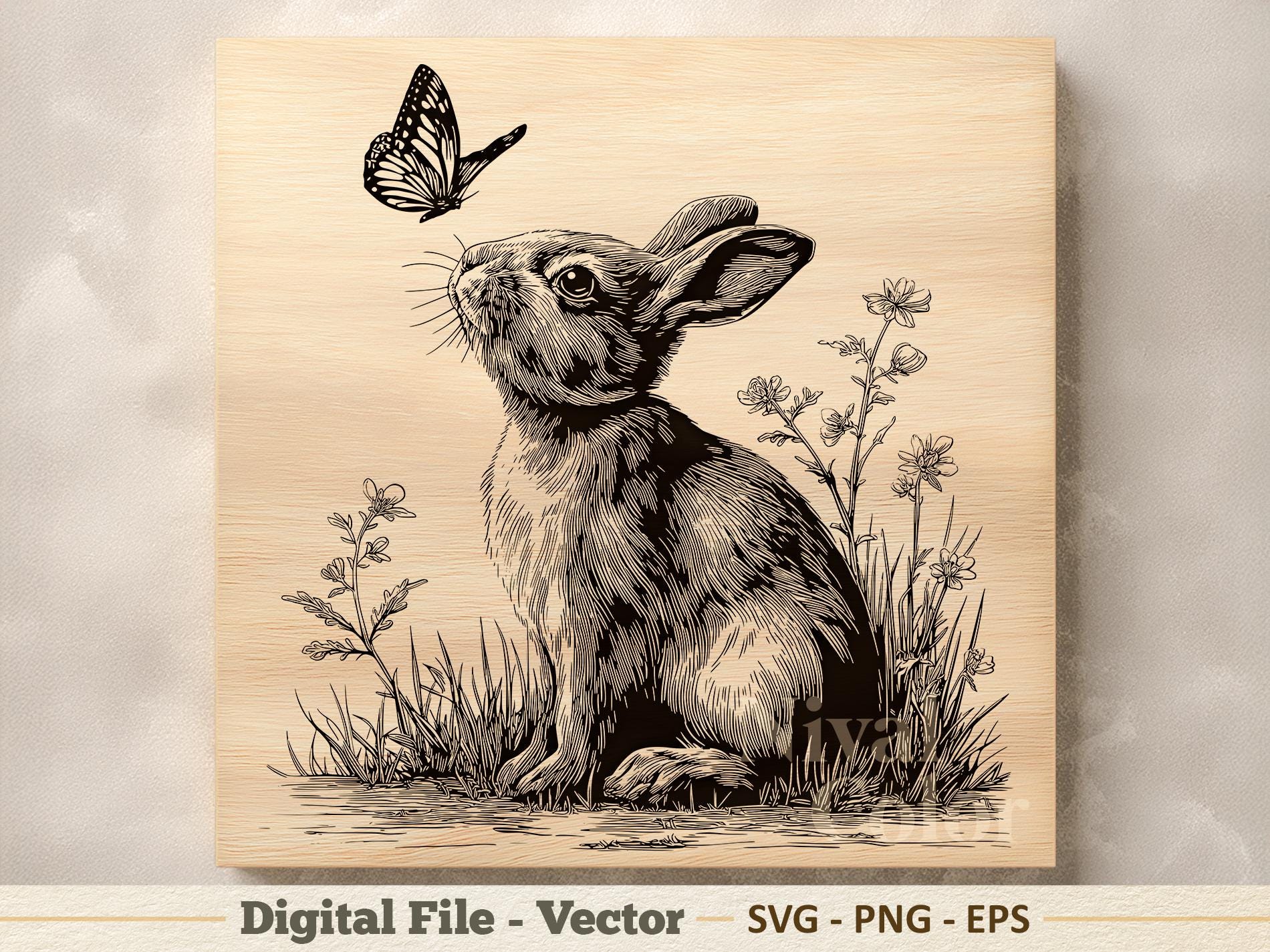 Rabbit Butterfly Vector Illustration SVG – Bunny Line Art PNG - Laser ...