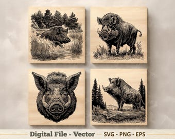 Wild Boar Illustration Vector SVG – Forest Hog Line Art PNG - Laser Engraving Clipart – Digital Download