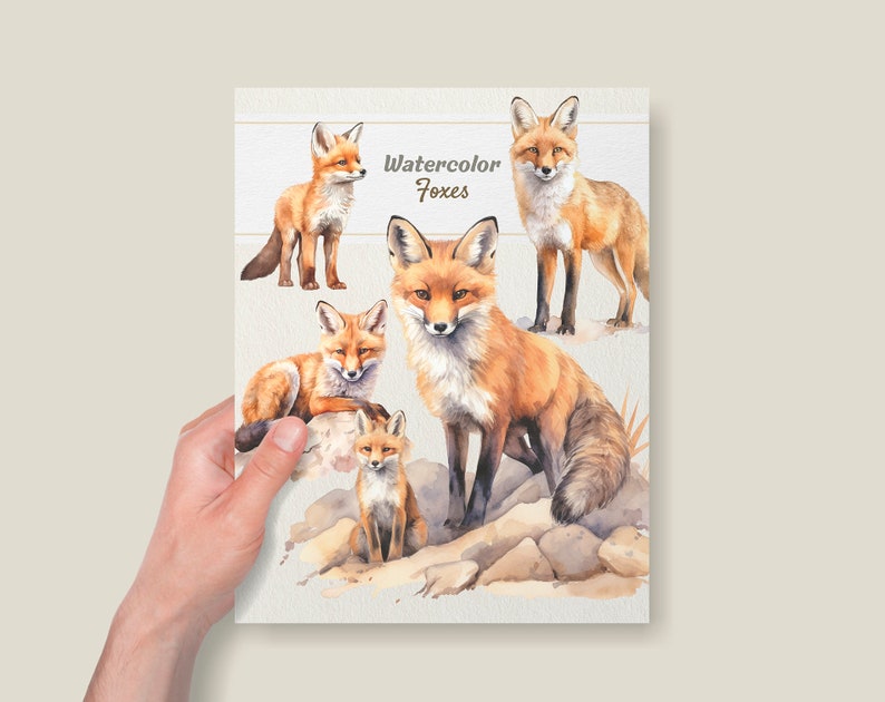 Puede incluir: Pintura acuarela de cinco zorros rojos en diferentes poses. El t&iacute;tulo "Watercolor Foxes" est&aacute; escrito en cursiva en la parte superior de la imagen.