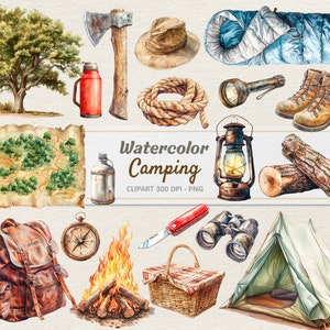 Watercolor Camping Clipart - Digital Illustration Outdoor Gear - Campsite PNG - Commercial Use