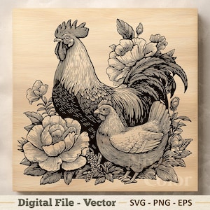 May include: A monochrome illustration of a cockerel and hen with floral details. The image is a digital file, with the text "Digital File - Vector" and file type information at the bottom.