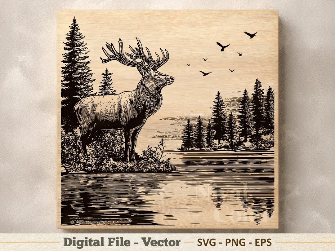 Deer Vector Illustration SVG – Majestic Elk Forest Line Art PNG - Laser ...
