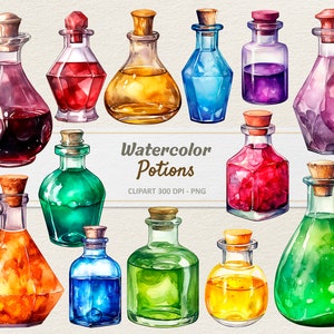 Clipart akwarelowych eliksirów - Cyfrowa ilustracja Magiczna butelka - Mikstura czarownicy PNG - Użytek komercyjny