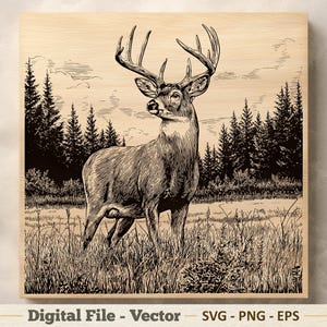 Deer Vector Illustration SVG – Buck Wildlife Line Art PNG EPS - Laser Engraving Cutting Boards - Sublimination Clipart – Digital Download