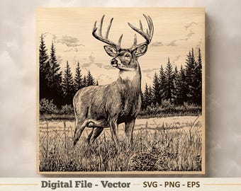 Könnte beinhalten: Detaillierte Schwarz-Weiß-Illustration eines Hirsches mit großem Geweih, der in einem Feld mit hohem Gras steht. Der Hintergrund zeigt einen Wald und einen bewölkten Himmel. Die Worte "Digital File - Vector" stehen unten.