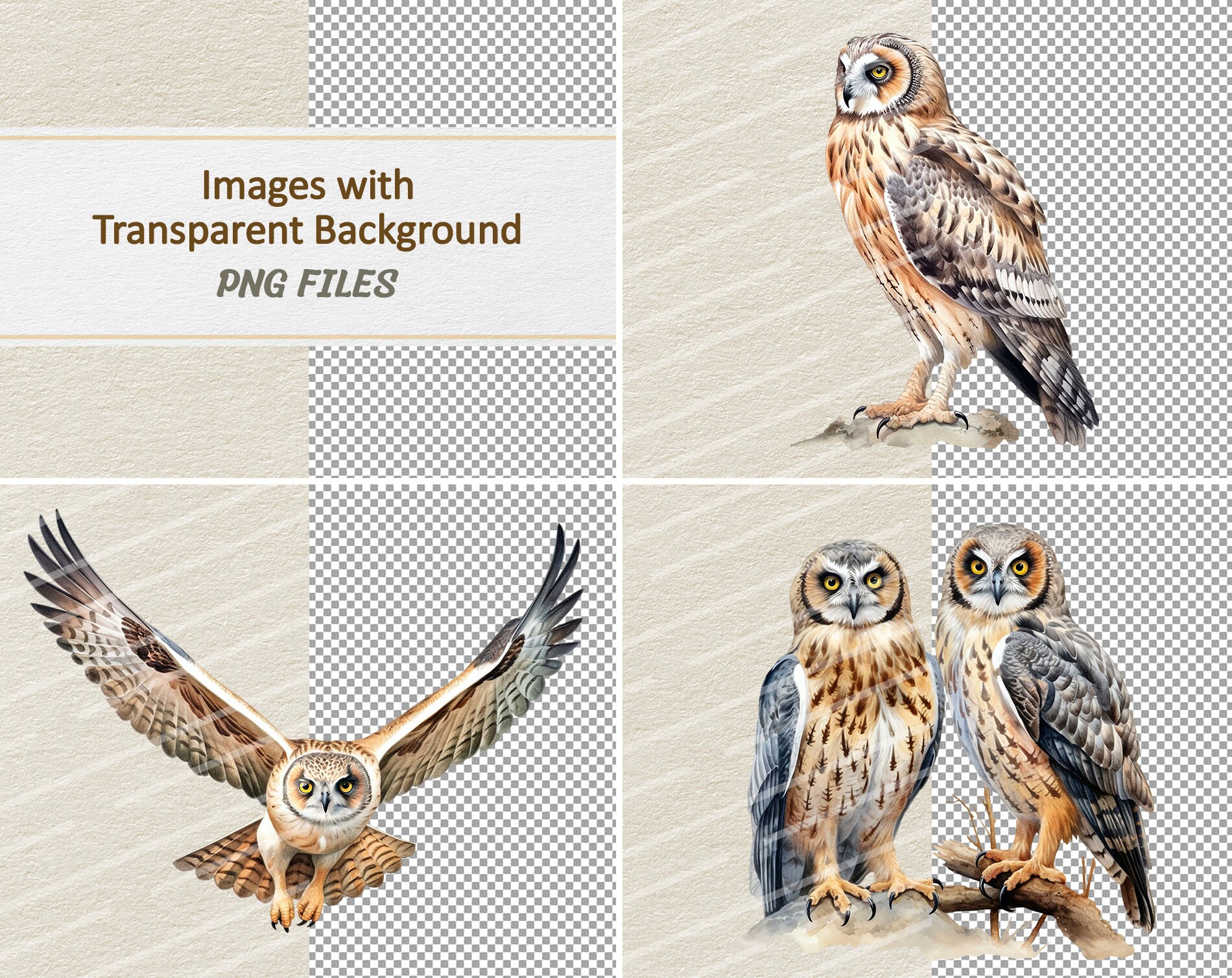 Watercolor Owls Clipart - Digital Illustration - Short-eared Owl PNG ...