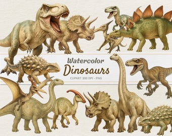 Watercolor Dinosaurs Clipart - Digital Illustration Dinosaur - Jurassic PNG - Commercial Use