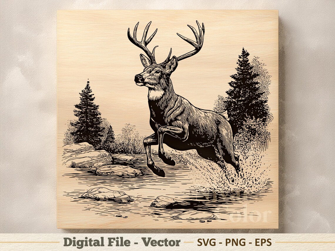Jumping Deer Vector Illustration SVG – Stag Line Art PNG - Laser ...