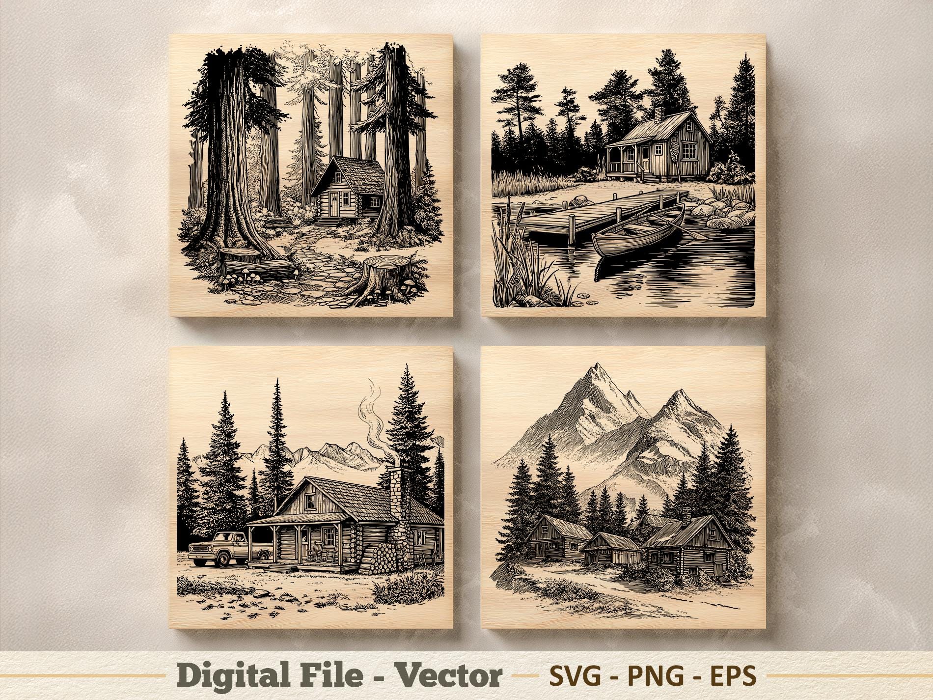Forest Cabin Illustration Vector SVG – Rustic Cabin Line Art PNG ...