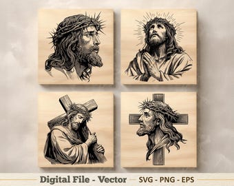 Ilustração vetorial de Jesus em SVG – Arte linear religiosa de Cristo em PNG – Clipart para gravação a laser – Download digital