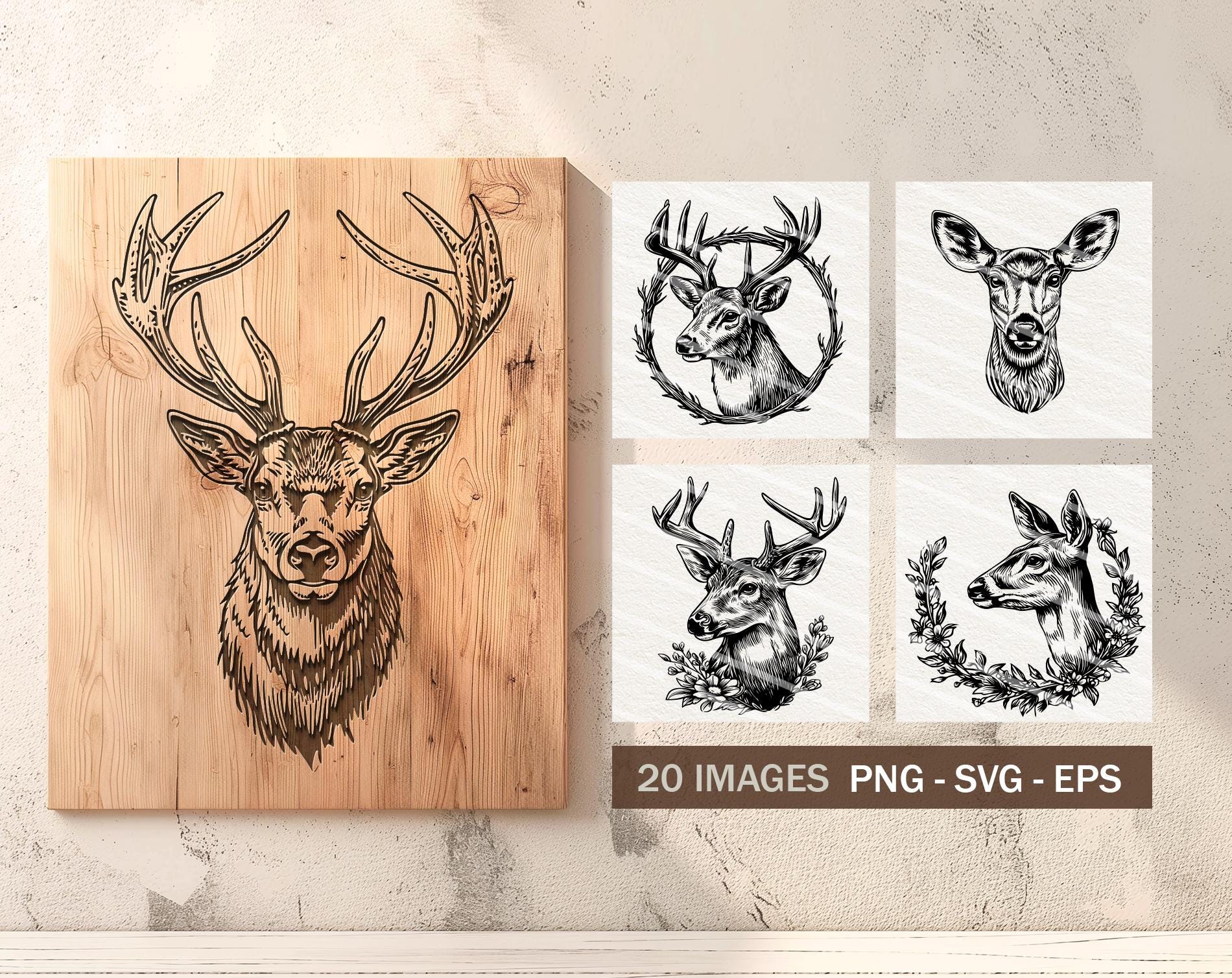 Vector Deer Portraits Clipart - Line Art Digital Illustration - Buck ...