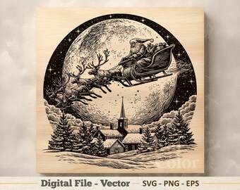 Ilustração vetorial de trenó do Papai Noel em SVG – Arte linear de renas na véspera de Natal em PNG – Clipart para gravação a laser – Download digital