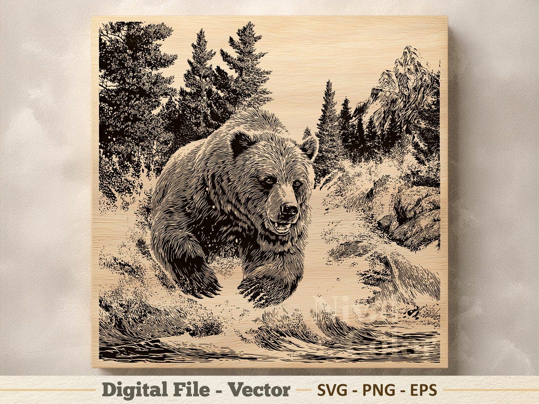 Bear Vector Illustration SVG – Running Grizzly Line Art PNG - Laser ...