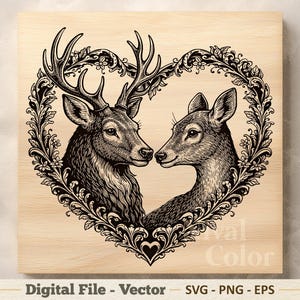 Puede incluir: Ilustración en blanco y negro de dos ciervos enfrentados dentro de un marco floral en forma de corazón. La imagen está sobre un fondo claro de vetas de madera. El texto en la parte inferior dice "Digital File - Vector - SVG - PNG - EPS."
