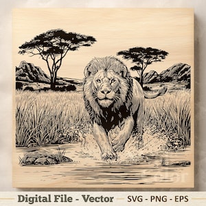 May include: A black and white wood-engraved style illustration of a lion running through shallow water. The scene features tall grasses, two acacia trees, and distant mountains. The artwork is presented on a square wooden panel surface.
