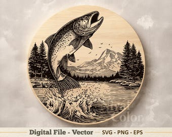 Trout Vector Illustration SVG – Fish Lake Line Art PNG EPS - Laser Engraving Clipart – Digital Download