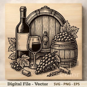 Op de afbeelding: Een zwart-witte digitale illustratie met een wijnfles, een wijnglas, een groot houten vat, een kleiner vat gevuld met druiven, losse druiventrossen, wijnbladeren, een kurk en een kurkentrekker, allemaal in een gedetailleerde lijnstijl.