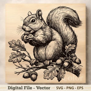 May include: A black and white line art illustration of a squirrel perched on an oak branch, holding an acorn. The squirrel has a bushy tail and is surrounded by oak leaves and several acorns. The image is presented on a light wood grain background.